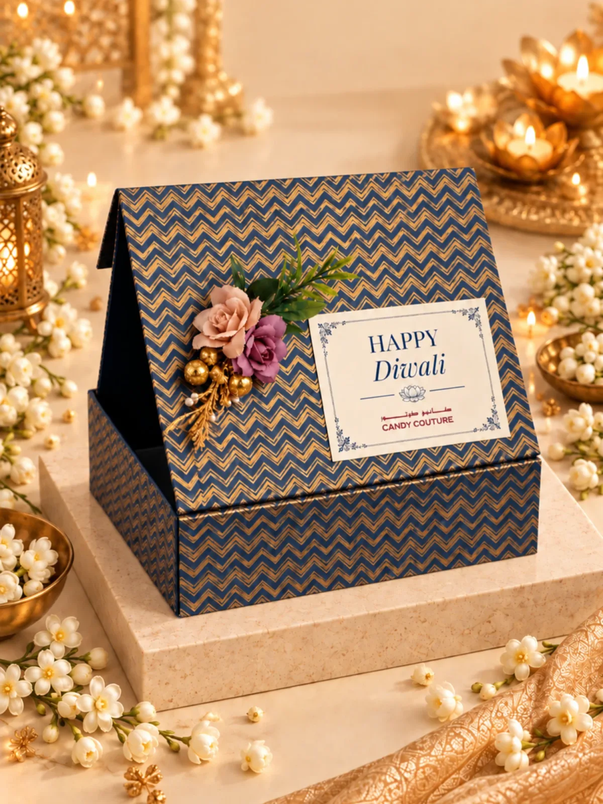Candy Couture Diwali Box of 16 in a navy and gold gift box with a Happy Diwali card