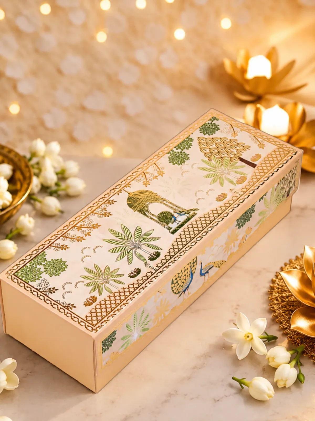Candy Couture Diwali Box of 8 in a long peach and gold illustrated gift box