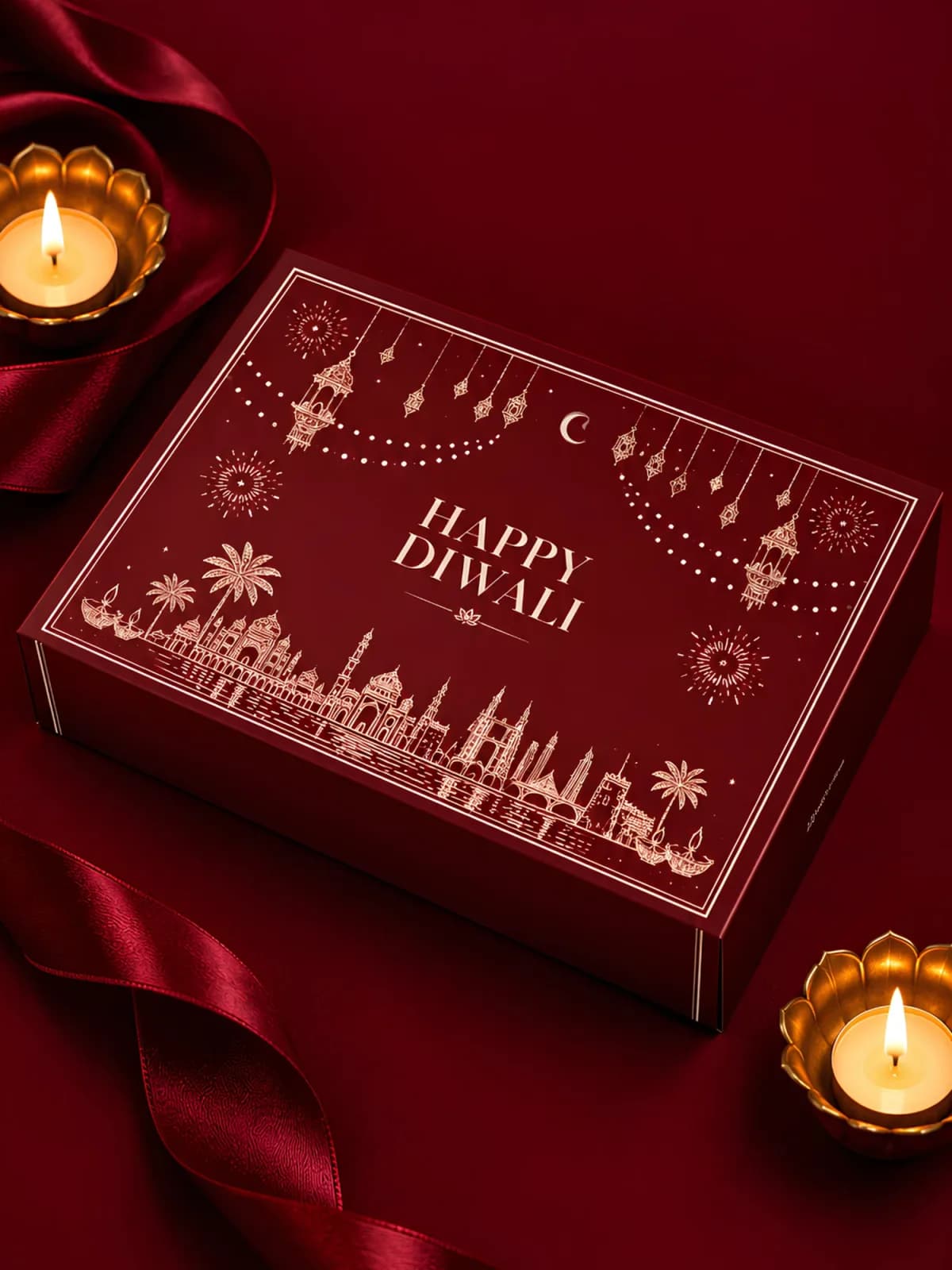 Burgundy Candy Couture Happy Diwali gift box between two lit diyas
