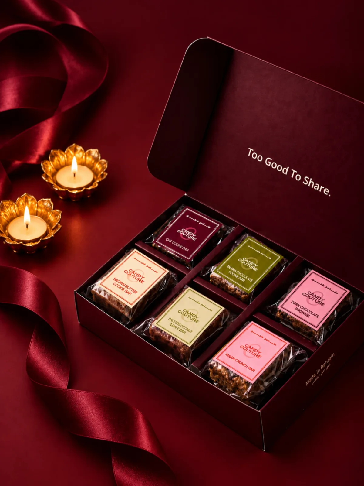The Candy Couture Diwali Box open to show six individually wrapped bars