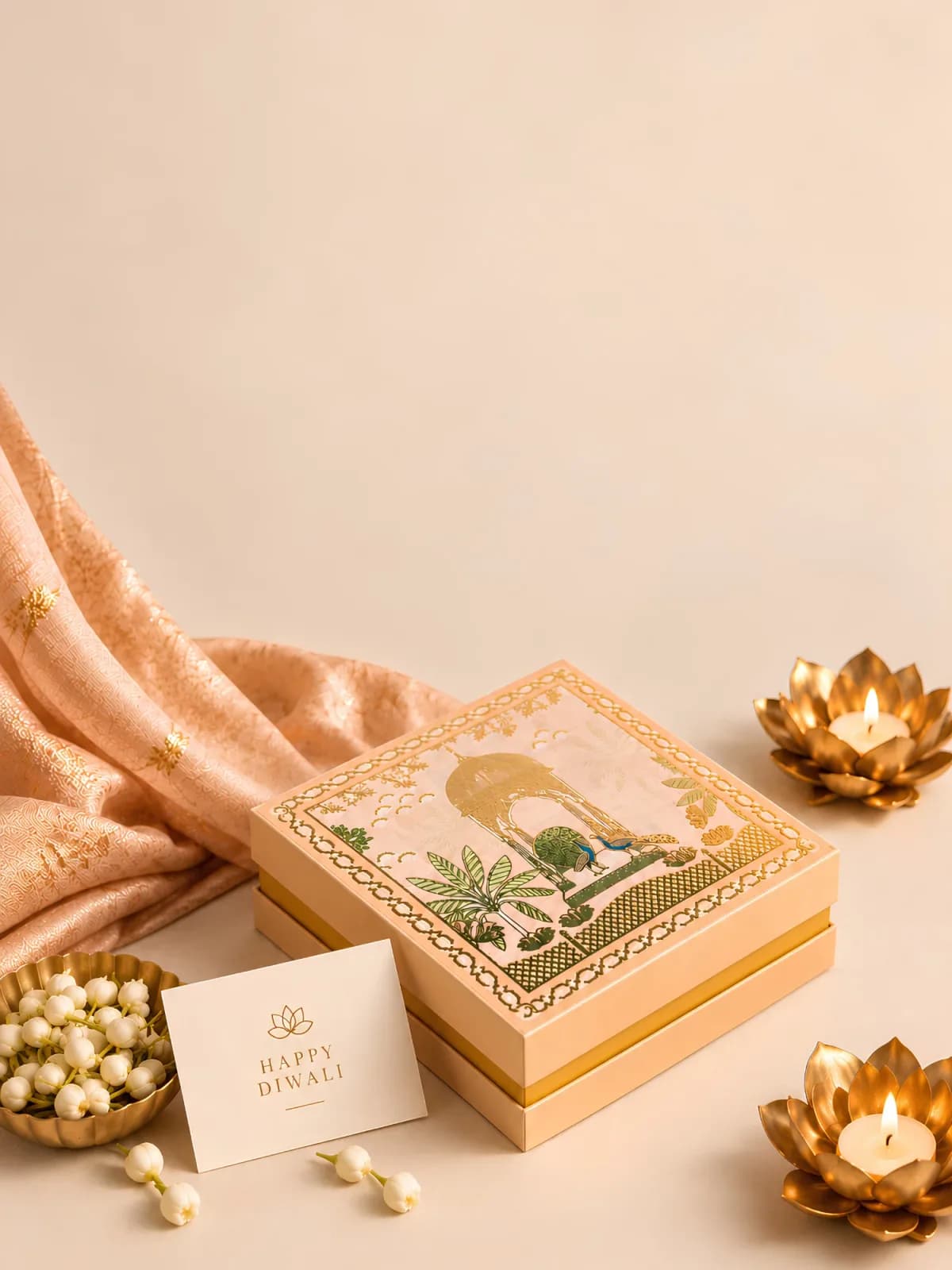 Candy Couture Diwali gift box with a Happy Diwali card and lotus candles